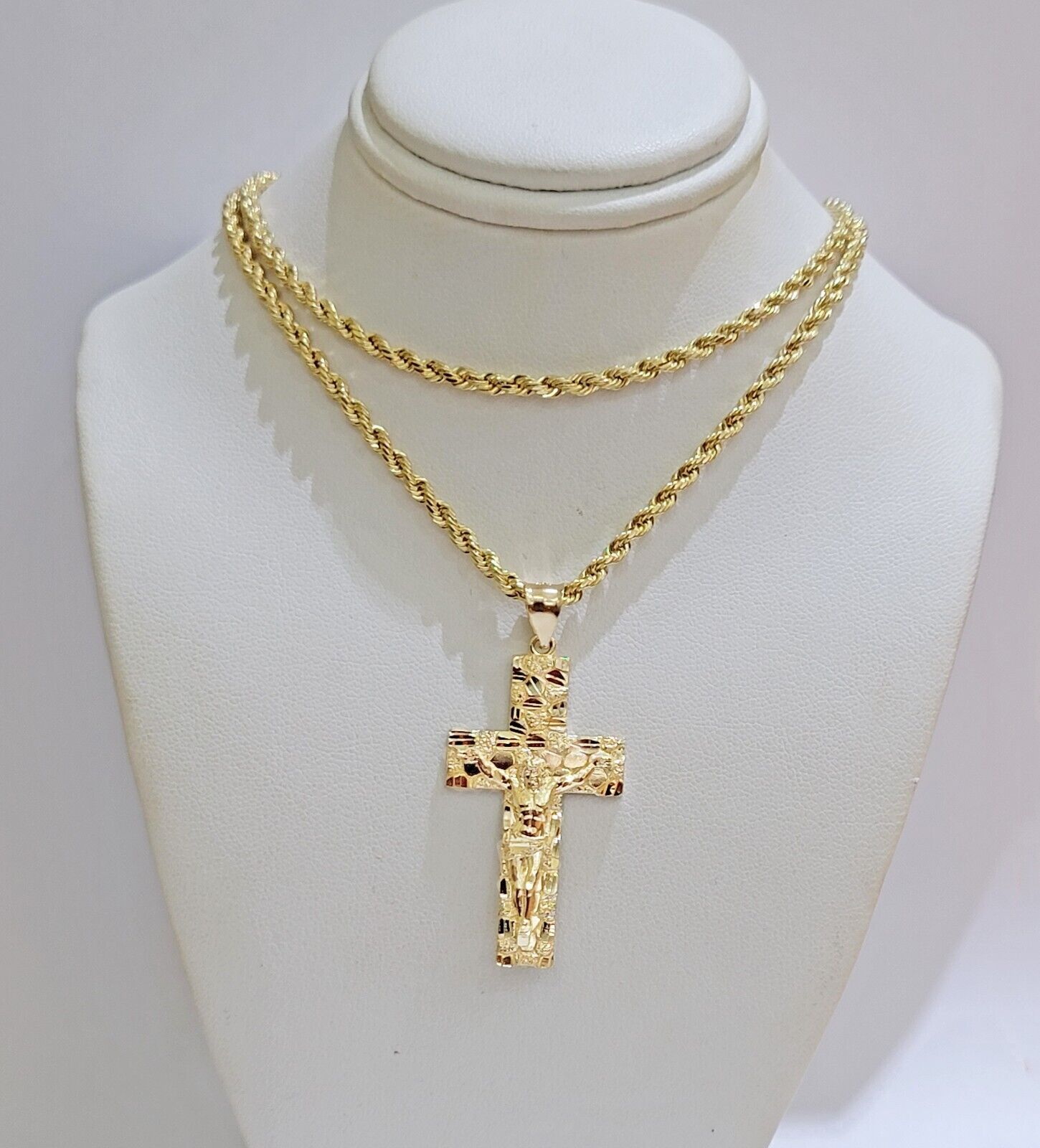REAL 14k Gold Rope Chain Necklace Nugget Cross Charm Pendant SET 3mm 18 - 26 Inch - GoldenlinQ